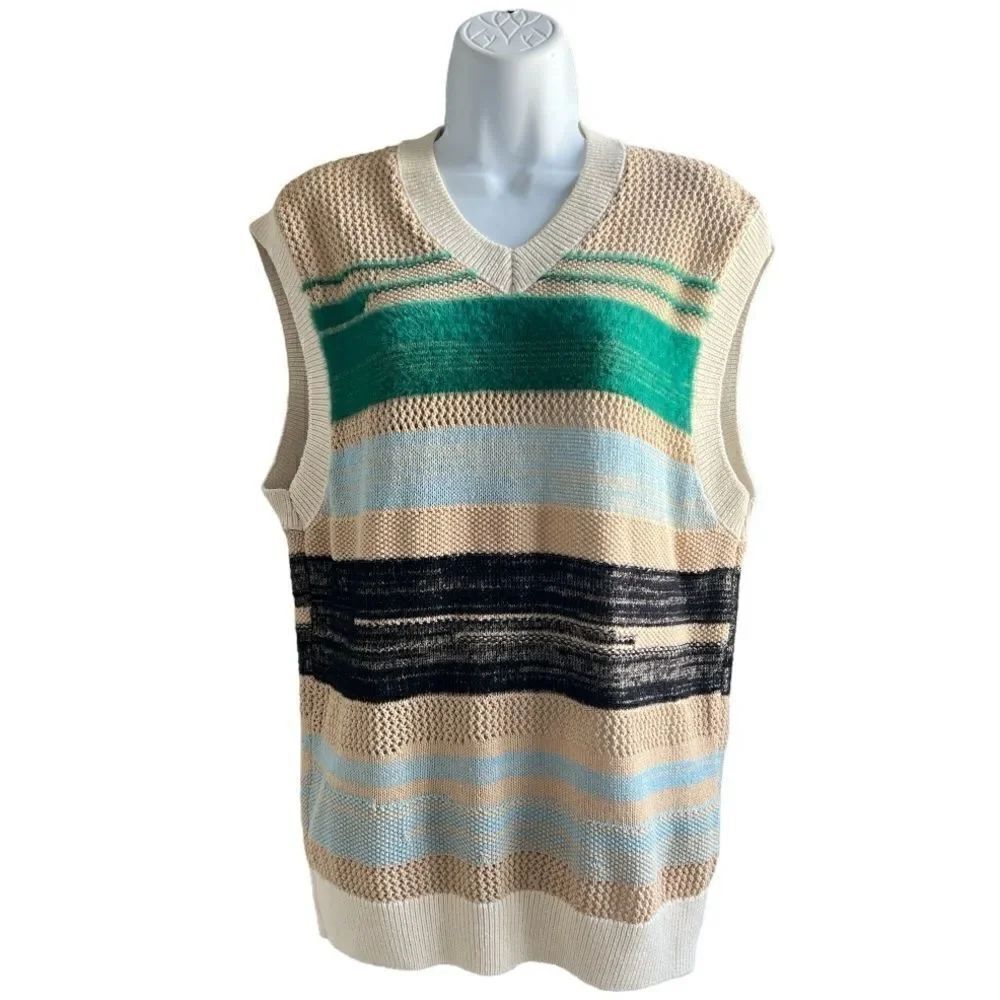 ZARA Ecru Shirt Vest Sleeveless V-neck Striped Multicolor Knit Size M